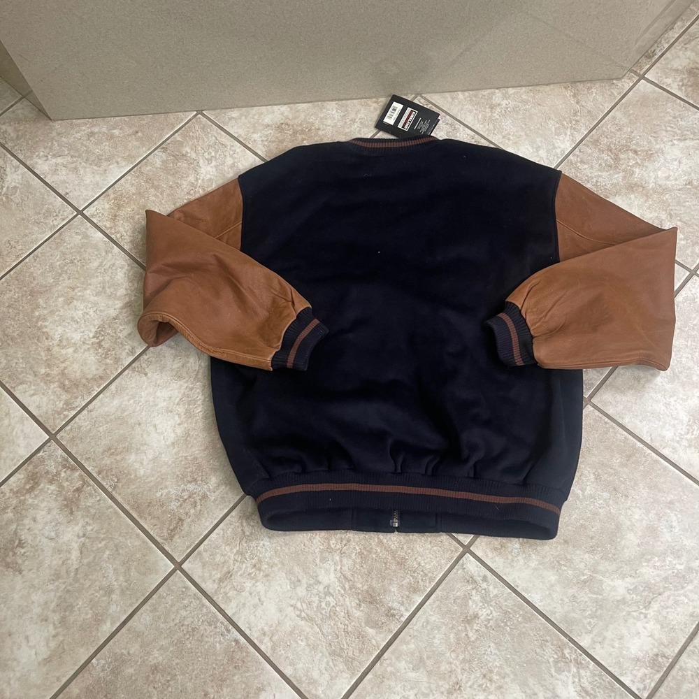 Kirkland NWT Mens Wool Leather Baseball Varsity Jacket Navy Brown Large NWT LG - Picture 2 of 14
